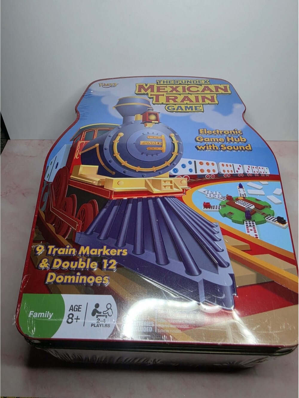 Fundex Mexican Train Game Double 12 Dominoes Electronic Hub Train Shaped Tin